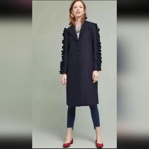 NWOT Anthropologie The Fifth Label Navy Ruffle Sleeve Trench Coat Size L